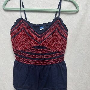 Red and Blue Tank with Dot V-Neck and Ruched Bust